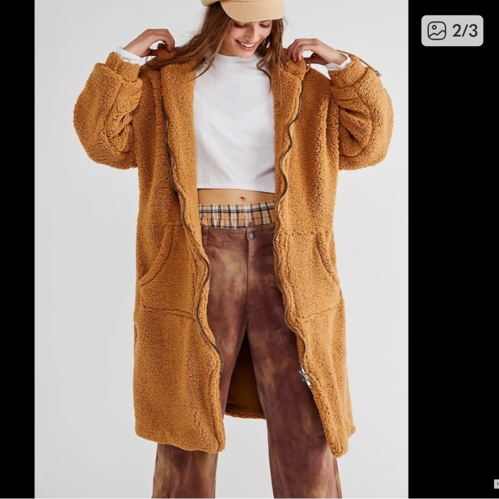 Free People Hooded Cassie Teddy Duster Coat Cinnamon